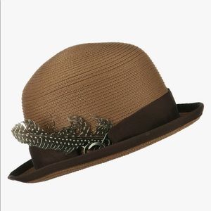 Light Brown Bowler Fedora Hat with Feather